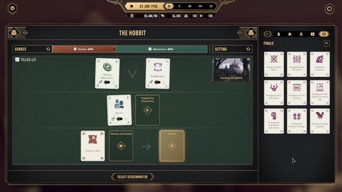 A Hollywood Animal screenshot showing how you'll come up with movie scripts by combining cards that represent characters, themes and plot events