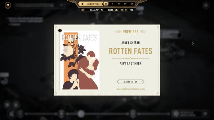 A movie poster design for a film called Rotten Fates, from the tycoon sim Hollywood Animal