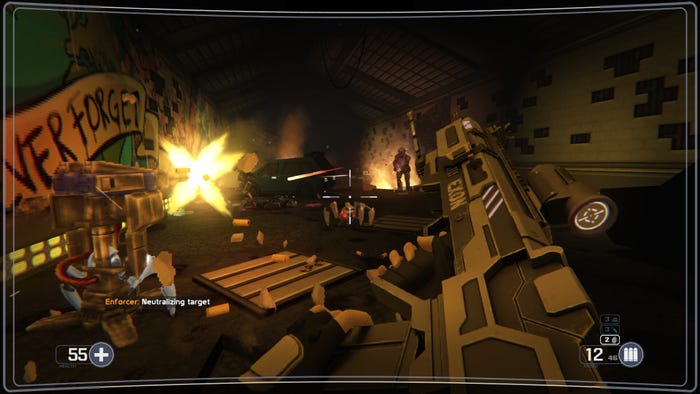 A screenshot from Selaco. The player reloads as enemies charge down at them in a garage.