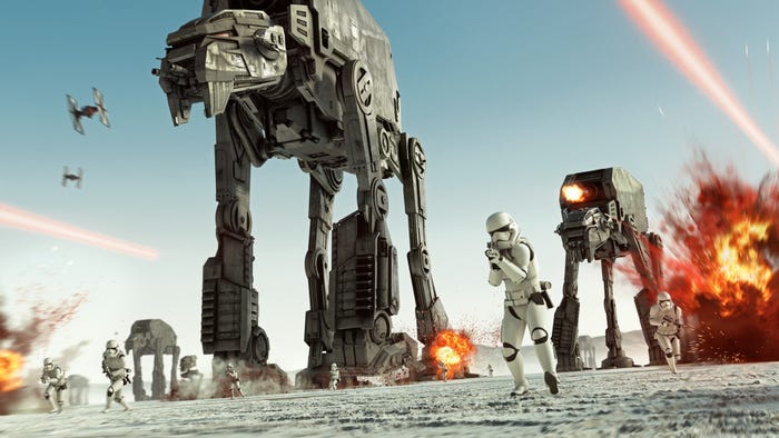 Stormtroopers and First Order AT-ATs advance on Crait.