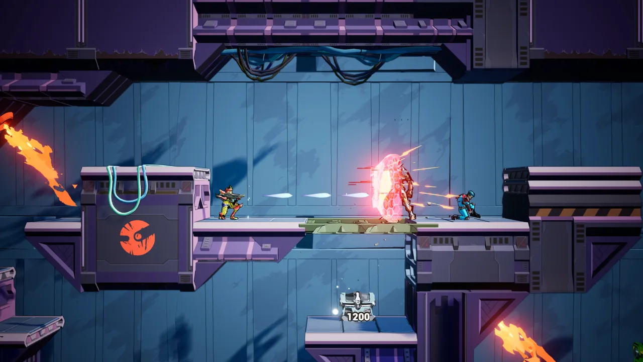 A player character shoots at a giant robot in Storm Lancers.