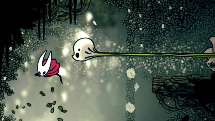 Hornet in Hollow Knight: Silksong dodges an attack from a Gahlia of the Shellwood, which protrudes its white head out towards Hornet from its base flower as she passes it by.