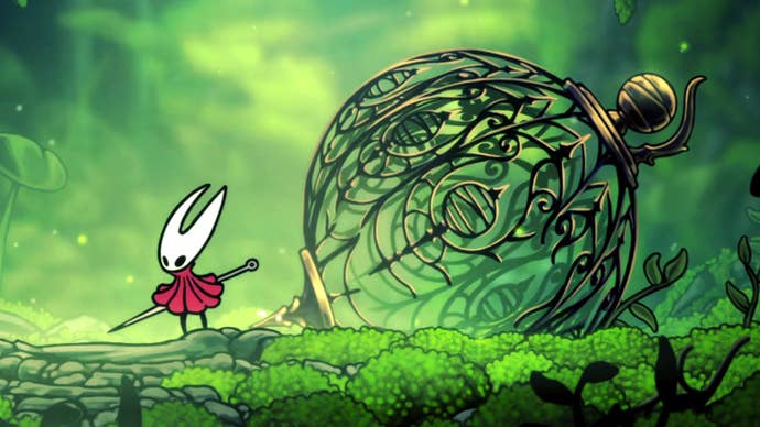 Hornet stands next to her former cage in Moss Grotto at the very beginning of Hollow Knight: Silksong.