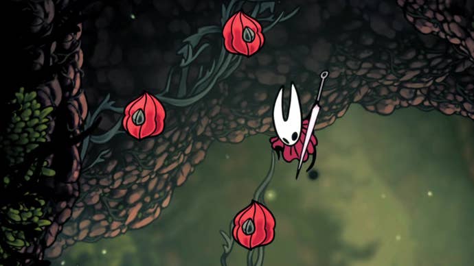 Hornet in Hollow Knight: Silksong attacks downwards in midair to "pogo" off some red plant bulbs in the Hunter's March region.