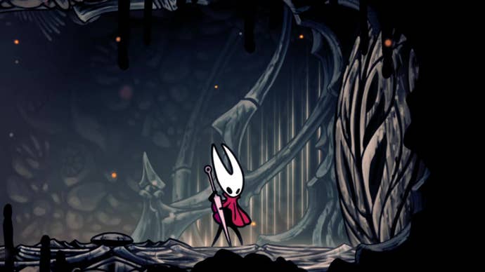 Hornet in Hollow Knight: Silksong plays her Needolin in order to open a musical metal door and enter Weavenest Cindril.