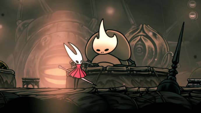 Hornet in Hollow Knight: Silksong rests inside the Halfway Home in Greymoor, and speaks with the proprietor, Creig.