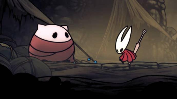 Hornet in Hollow Knight: Silksong rolls some Dice with Lumble The Lucky amid the sand dunes of the Blasted Steps.
