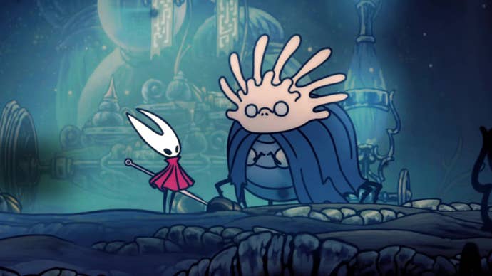 Hornet in Hollow Knight: Silksong speaks with Alchemist Zylotol in his laboratory in the Wormways.