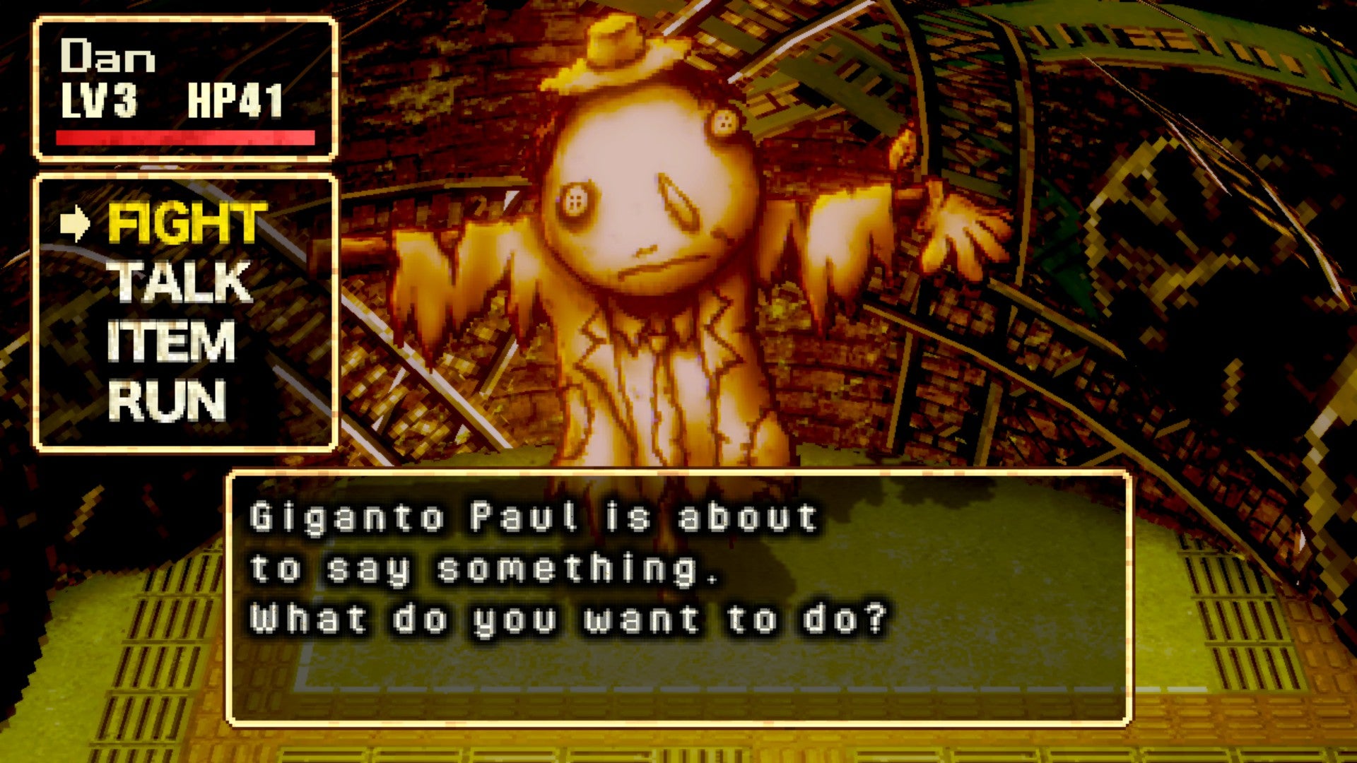 A boss creature from Stray Children who looks like a sad scarecrow, with theoptinos to fight, talk, use an item or run on the left.