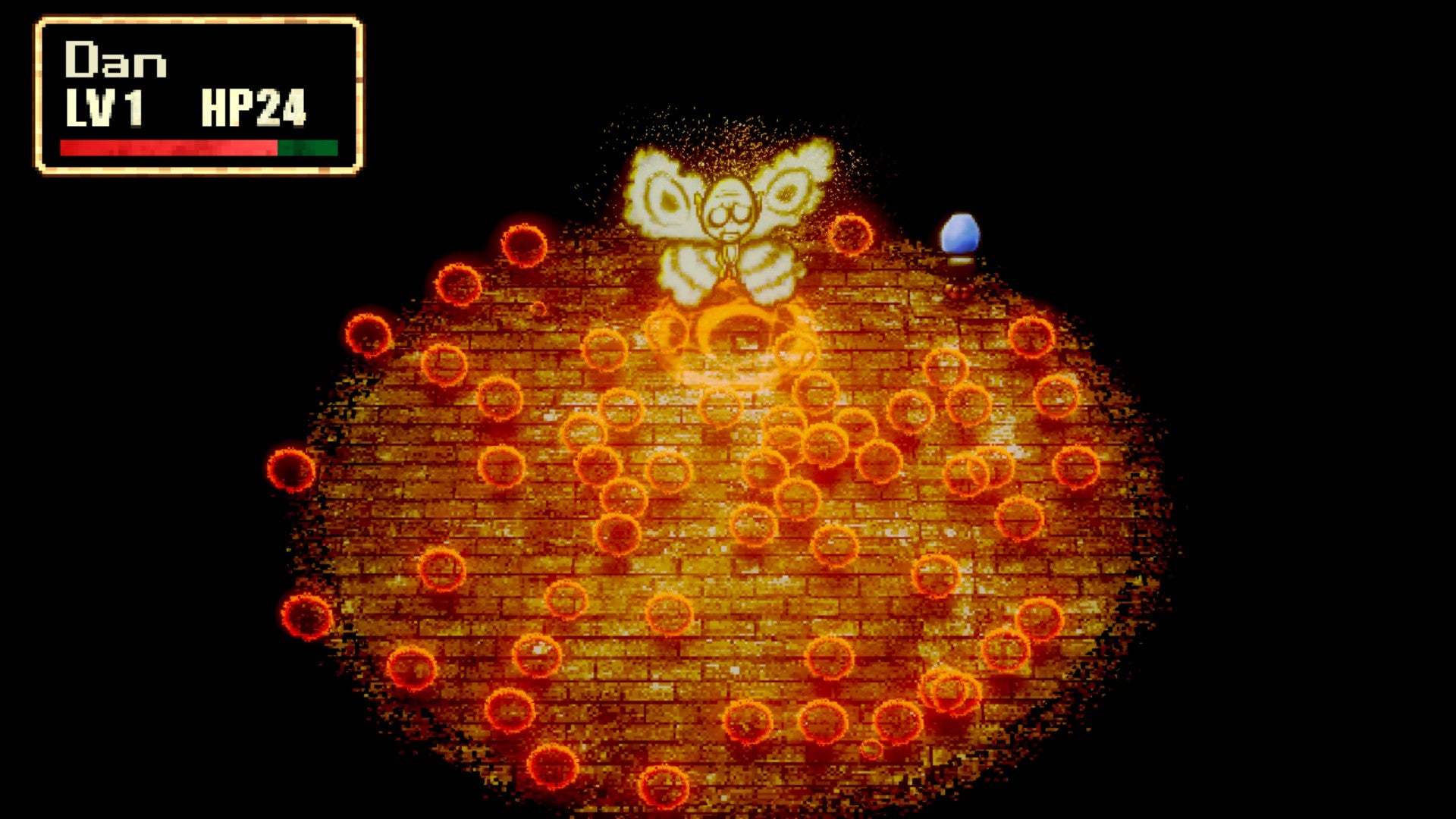 A moth creature filling a combat arena with poison orange puffballs in Stray Children.