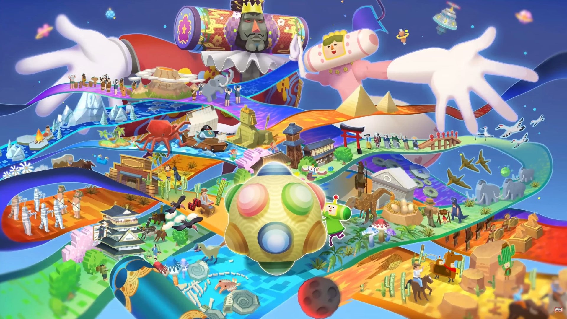 A promo image for Once Upon a Katamari, showing some of the game's different time periods.