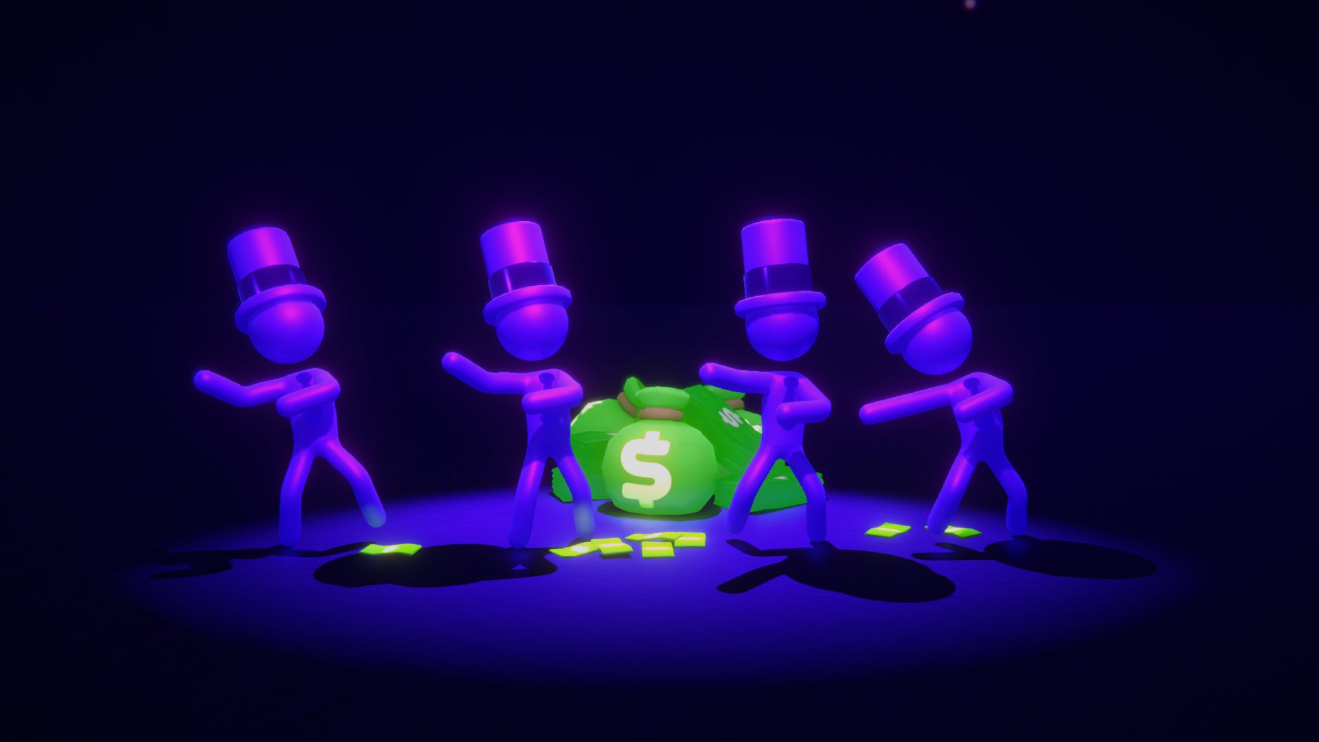 Some stickperson execs in top hats dancing in front of a pile of cash.